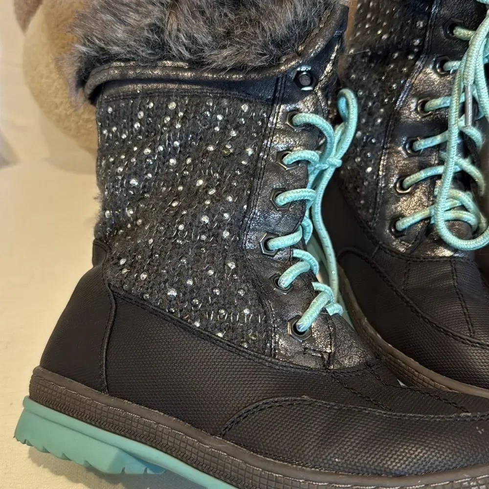 Justice Faux Fur Leather Rhinestone Lace Up Winter Boots